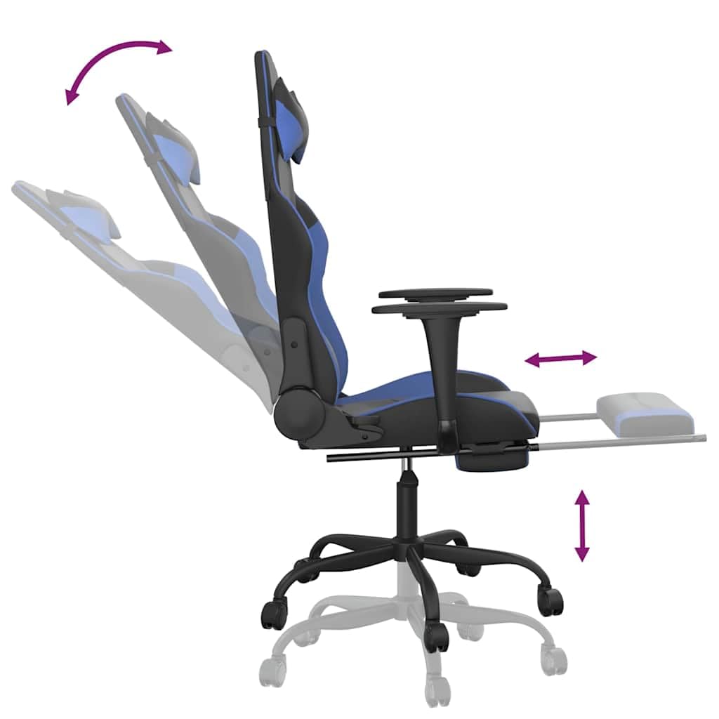 Silla gaming de piel sintética negra y azul con función de masaje, reposapiés, soporte lumbar, altura regulable, silla giratoria, ergonómica para jugar, streaming y trabajo en el escritorio