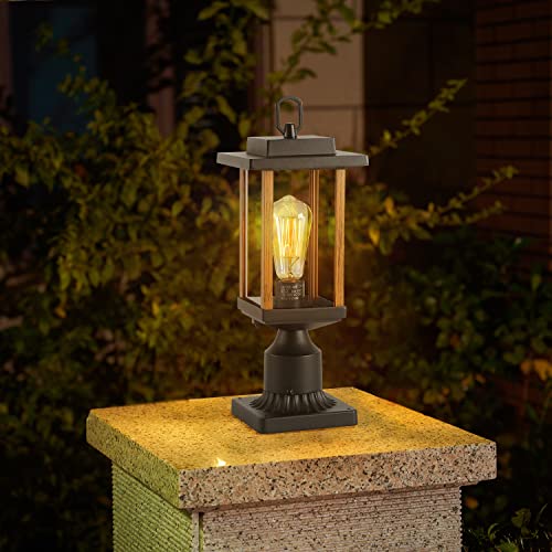 Smeike 18" H Large Outdoor Post Lights, Led Exterior Post Lantern, Outdoor Lamp Post Light Fixture Pier/Post Mount For Farmhouse, Pole, Yard, Light, Clear Glass, Wood Grain Finish & Matte Black Finish #TOP6