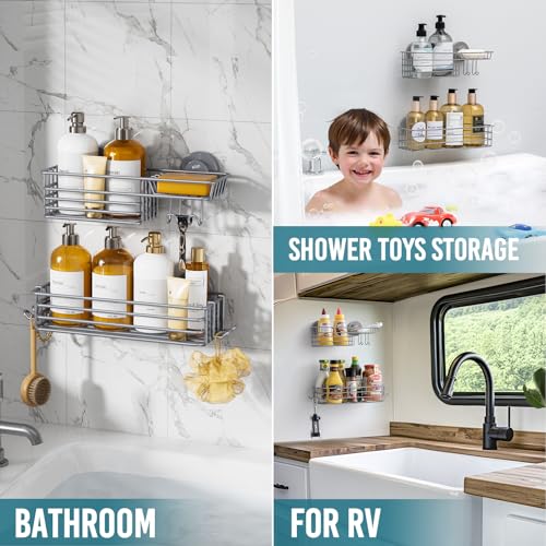 Image of TAILI Shower Caddy Suction Cup 2 Pack with Hooks & Soap Holder, Heavy Duty Shower Organizer for Bathroom, No Drilling Bathroom Organizer with Large Capacity, Metal Storage Holder-Grey