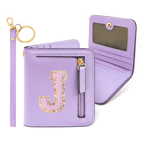 Image of COSHAYSOO Initial Wallet RFID Small Bifold Slim Letter Wallet for Women Teenager Girls Travel Daily Necessities Credit Cards Money Cash Coin Organizer, Lavender, Compact, J