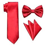 Men's Necktie,Bowtie & Pocket Square 3pc Set-Pure Deluxe Neck Tie Red by Yakee Lemon