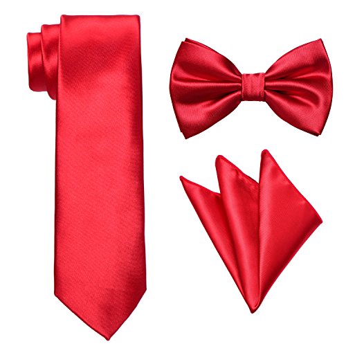 Men's Necktie,Bowtie & Pocket Square 3pc Set-Pure Deluxe Neck Tie Red by Yakee Lemon dress