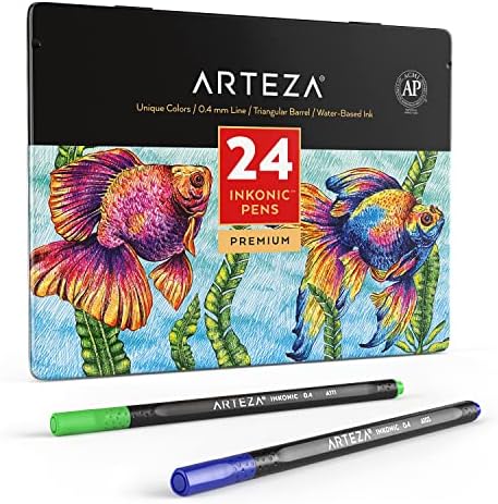 ARTEZA Inkonic Fineliner Pens, Set of 24, Fine Tip Markers with Color Numbers, Extra Fine Point Pens for Precise Detailing, Art Pens for Drawing and Journaling, Essential Art Supplies