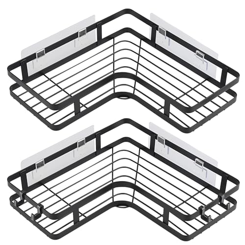 Salubohum Juego de 2 Estanteria de Ducha para Baño, Estante de Ducha Sin Taladrar, Organizador de Esquina con Adhesivo, con 4 Pads Adhesivos y 4 Ganchos, Adecuado para Baño, Cocina y Balcón (Negro)