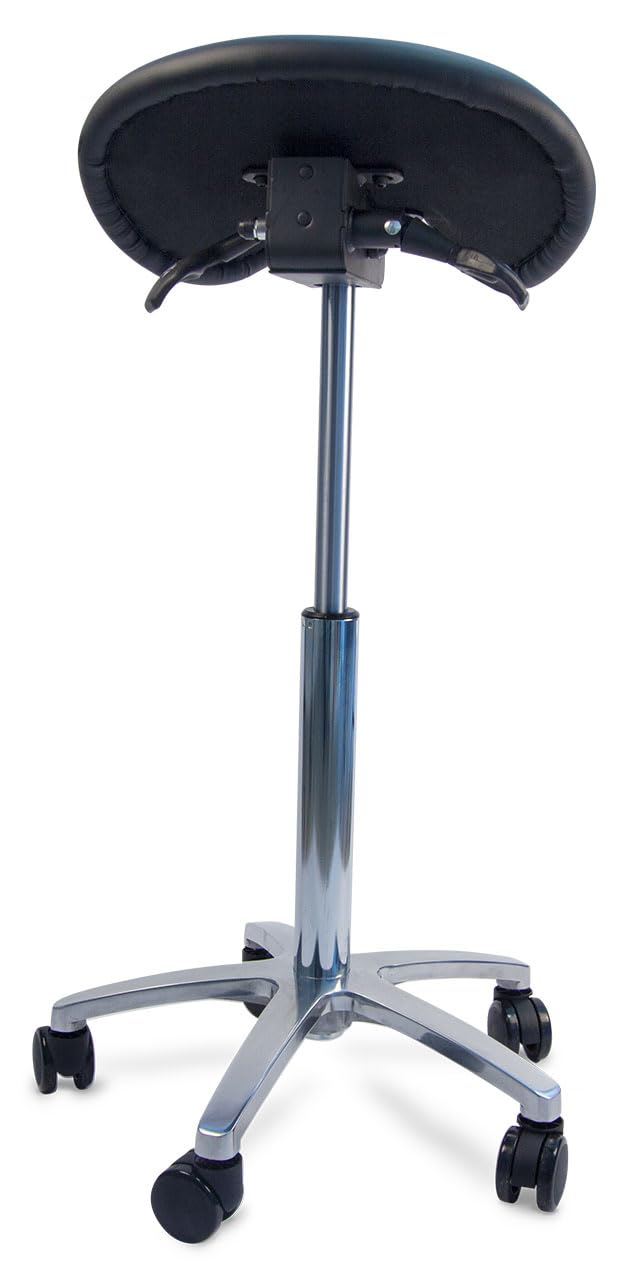 Ergolutions® Ergonomischer Sattelhocker - Belastbar bis 150kg, Bis 86cm Höhe, Rollhocker mit Federung, Veganer Lederbezug, Therapiehocker, drehbare Universalrollen, Schwarz