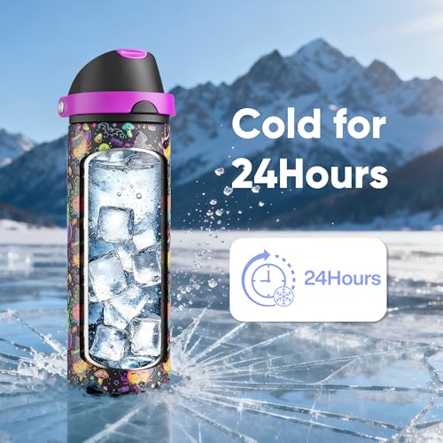 Image of Insulated Water Bottle with Straw - Encool Stainless Steel Water Bottle with Push Button Lid, Leak-Proof & BPA-Free, Keeps Cold for 24 Hours for Sports, Travel, Gym (24 oz, Meowgic Night)