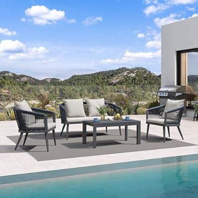 PURPLE LEAF 4-Piece Wicker Patio Conversation Set Aluminum Rattan Sofa Patio Furniture Set with Cushions and Coffee Table for Garden Backyard Grey