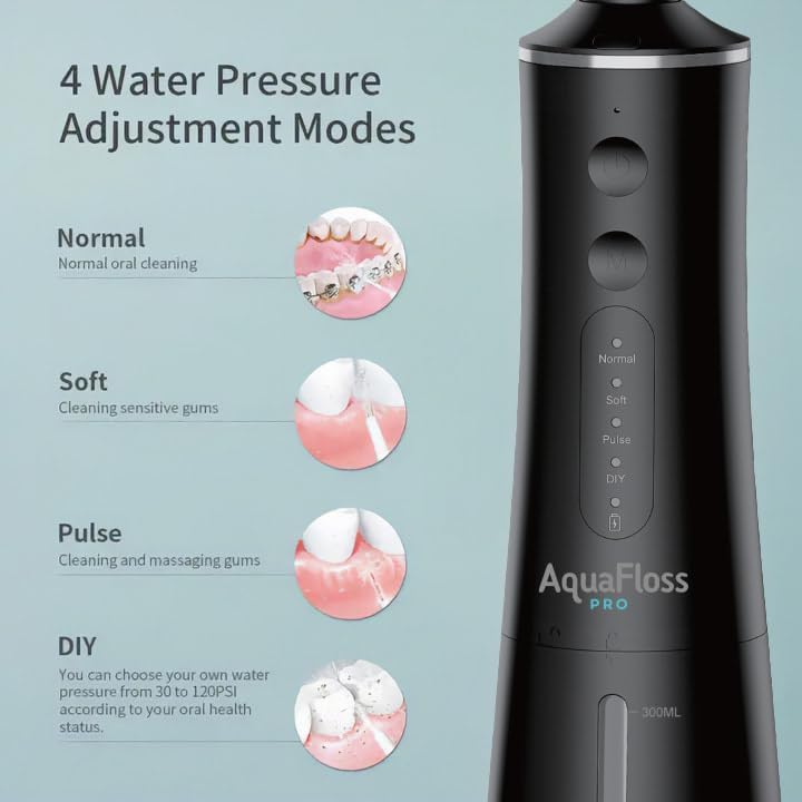 Water Dental Flosser Teeth Pick Portable Cordless Oral Irrigator 300ml Water Tank Rechargeable Travel Teeth Cleaner IPX7 Waterproof Electric Water Flosser BV609 (Black) - Image 4