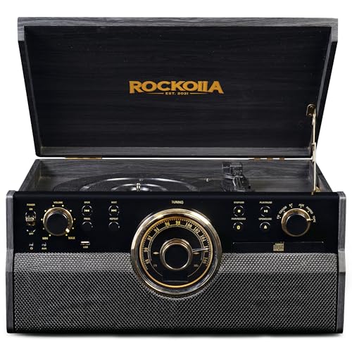 ROCKOLLA - Tocadiscos Retro Bluetooth de Vinilo, Altavoces Estéreo【33/45/78 RPM】 Giradiscos Vintage | Radio FM, Cassette, CD, MP3, USB, SD, Grabadora | Salida RCA/Aux In (Vanguard Black)