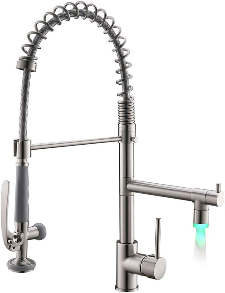 Fapully Contemporary Single Handle Kitchen Faucets with Pull Down Sprayer, 2 Spout Kitchen Sink Faucet with LED Light Brushed Nickel