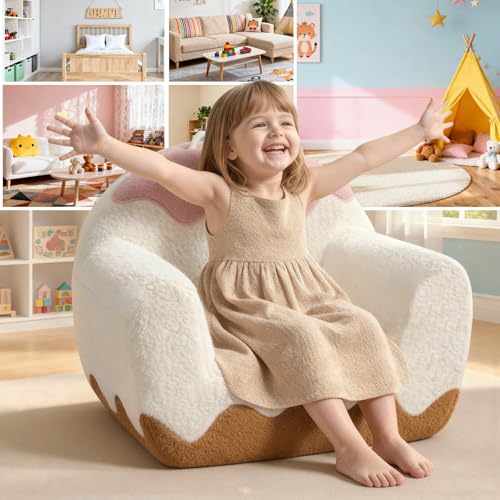 OUOZZZ Toddler Chair for Ages 1&ndash;6, Soft Sherpa Kids Sofa with Book Pocket & Carry Handle, Cozy Single-Seat Couch for Playroom or Bedroom, Birthday Gift for Girls (Ice Cream)