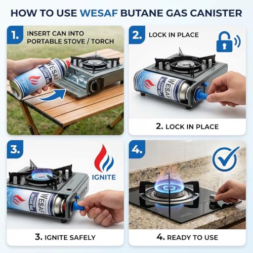 Image of Wesaf Butane Gas 225g (Pack of 4) | Camping Gas Cylinder | Portable High-Pressure Butane Can Liquefied Gas Canister Ideal for Refilling Lighters, Small Stoves, Flame Torches and Welding Equipment
