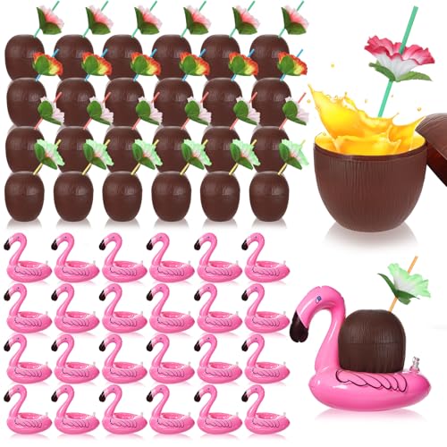 Hushee 24 Pack Fruit Cups with 24 Flower Straws and 24 Inflatable Floating Flamingo Drink Holders Plastic Fruit Cup Flamingo Coaster for Hawaiian Summer Beach Birthday Party Favor Supply (Coconut)
