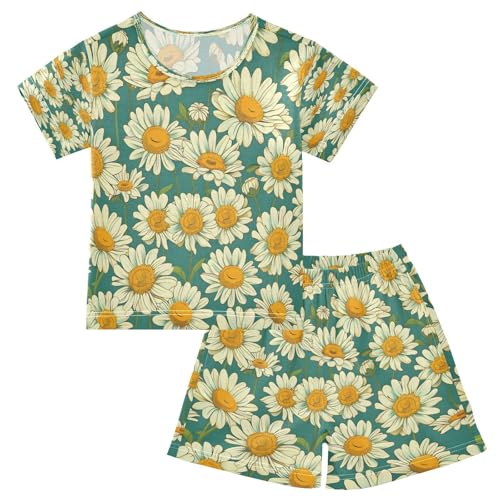 senya Short Sleeve Pajamas Sets Summer Cotton Sleepwear Green Background White Daisy