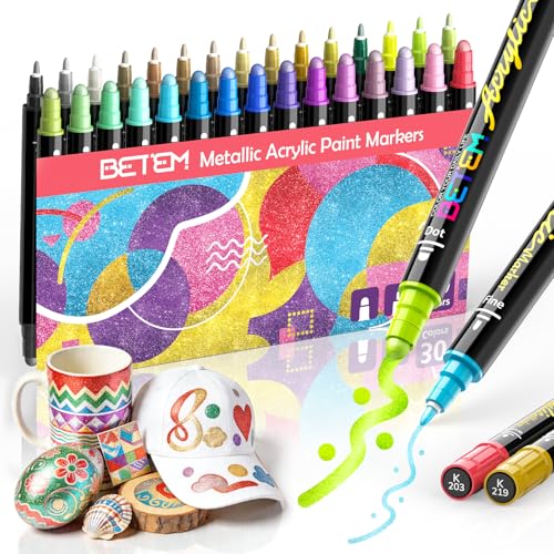Image of Betem 30 Metallic Dual Tip Acrylic Paint Markers, Fabric Decorating Kits Premium Water-Based Acrylic Paint Pens Art Supplies for Fabric, Rock, Wood, Glass, Canvas, Ceramic, Teacher Appreciation Gift