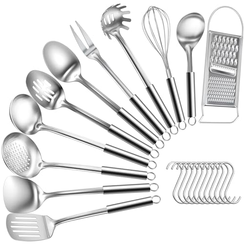 Bestdin Küchenhelfer Set – 22 Teilig Küchenutensilien aus Edelstahl, Hitzebeständig Kochlöffel Set mit Haken, Spülmaschinenfest&Hochglanzpoliert, Enthält küchenzubehör wie Suppenkelle, Pfannenwender