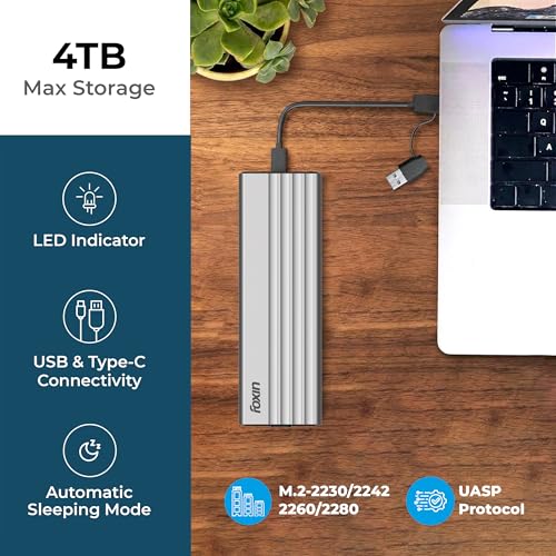 Image of Foxin N2 Express M2 /M.2 NVMe / SATA Tool-Free SSD Enclosure Case with USB 3.2, 10Gbps & PCIe NVMe Reader, Supports M /B&M Keys, 2230 /2242 /2260 /2280 SSDs, UASP Max 4TB Aluminium Case with Type-C & USB