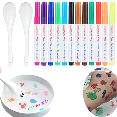 12 Stück Magische Wassermalerei Stifte für Schwimmende Zeichnungen mit 2 Löffel Kiddies Create Magische Stifte - im Wasser Malen Water Art Magische Wasser-marker Für Kinder Doodle Dip Aqua Tattoo