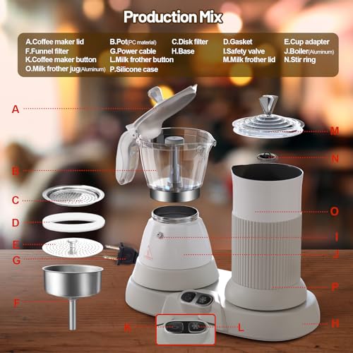 Vaolvpant Electric Espresso Machine with Milk Frother 2 in 1 Efficient Moka Pot Coffee Maker with Milkfroth Aluminum One-Touch Operation for Effortless Cappuccinos Lattes Macchiatos White