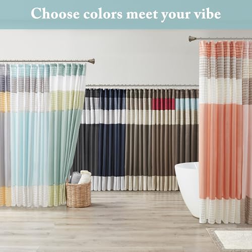 Image of Madison Park Amherst Bathroom Shower Curtain Faux Silk Pieced Striped Modern Microfiber Bath Curtains, 72x84 Inches, Blue
