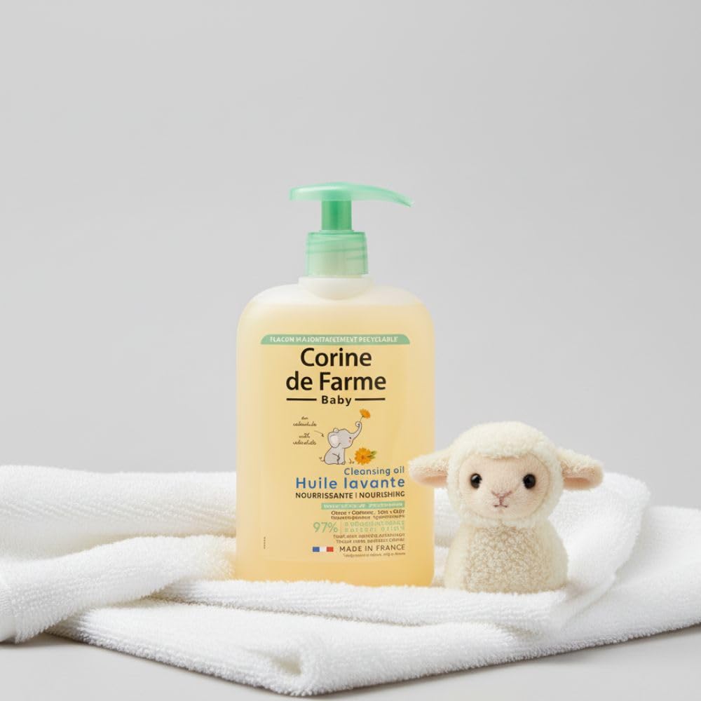 Corine de Farme, Huile Lavante Nourrissante 500ml pour Bébé, Extrait de Calendula, Hypoallergénique, Nettoyage Doux pour Peau Sèche à Très Sèche, Convient aux Cheveux, 97% Ingrédients Naturels