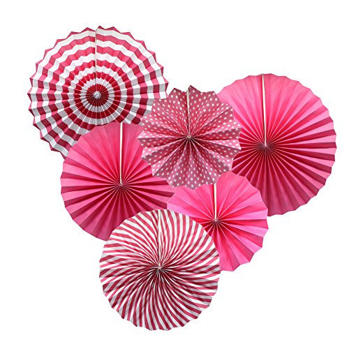 Party Hanging Paper Fans Set, Hot Pink Round Pattern Paper Garlands Decoration for Birthday Wedding Graduation Events Accessories, Set of 6