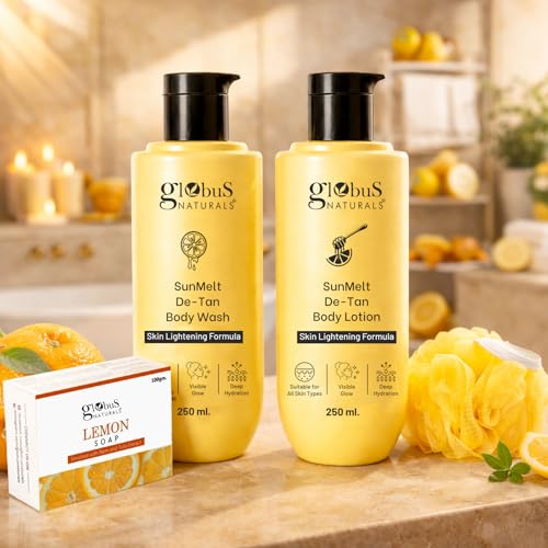 Image of Globus Naturals Detan Body Care Summer Kit | Body Wash + Body Lotion + Lemon Soap + Loofah | Tan Removal, Deep Cleansing & Hydration | Brightening & Fresh Glow Skin | Daily Use Bath Essentials | For Men & Women | All Skin Types