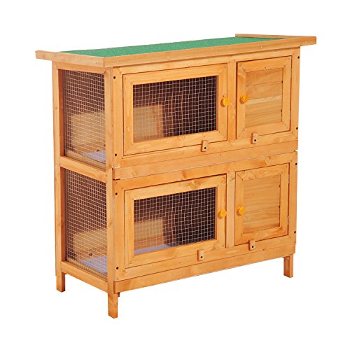 PawHut Clapier à Lapin Cage à Lapin Double Niveau Plateaux coulissants 4 Portes verrouillables Toit ouvrant 90L x 45l x 90H cm