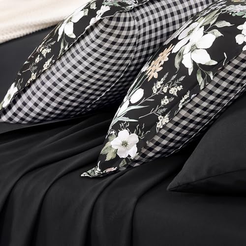 Image of Andency Queen Size 7 Piece Reversible Bed in a Bag - Botanical Floral & Gingham Comforter Set, Farmhouse Vintage Rustic Comforter,Black