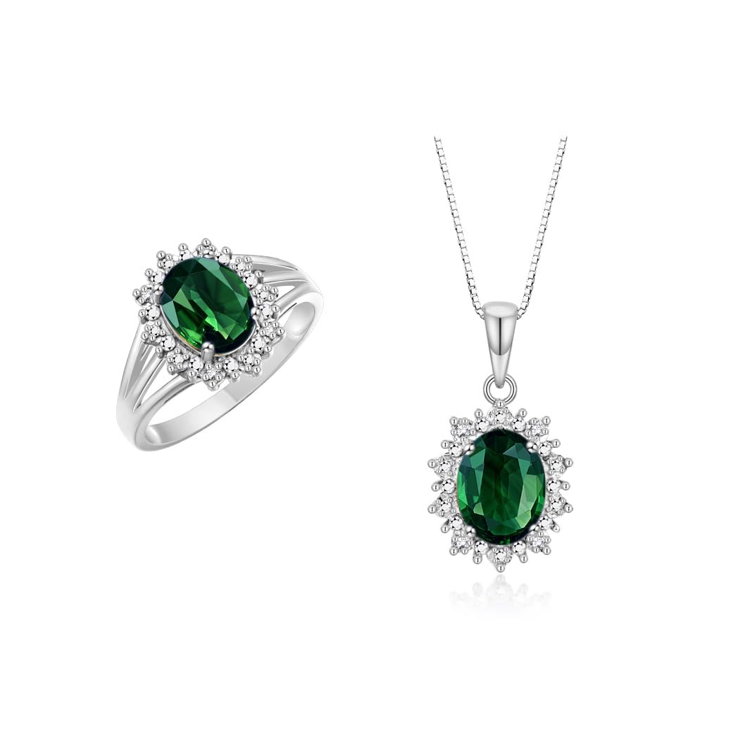 Rylos Women's Sterling Silver Princess Diana Ring &amp; Pendant Set. Gemstone &amp; Diamonds, 9X7MM Birthstone. Matching Friendship Jewelry, Sizes 5-10.