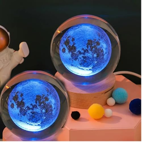 Image of 3D Crystal Ball Lamp with 16 Colors Changing LED Wooden Base - Solar System Night Light, Galaxy Lamps, Galaxy Crystal Ball Light with USB (16 Color Moon)