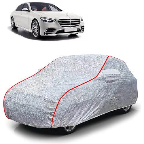 Image of Sulfar 100% Waterproof Car Body Cover Compatible with Mirror for Mercedes Benz S 350 (Triple Stitched, Full Bottom Elastic, Magic Silver with Red Piping)