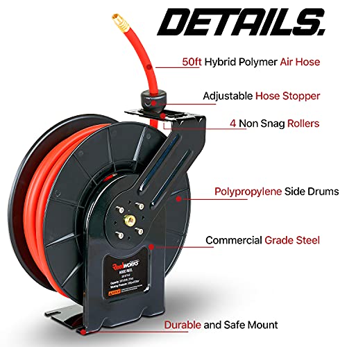 ReelWorks Air Hose Reel Retractable 3/8" Inch x 50' Foot Hybrid Polymer Hose Max 300PSI Polypropylene Drum Construction - Thumbnail 2