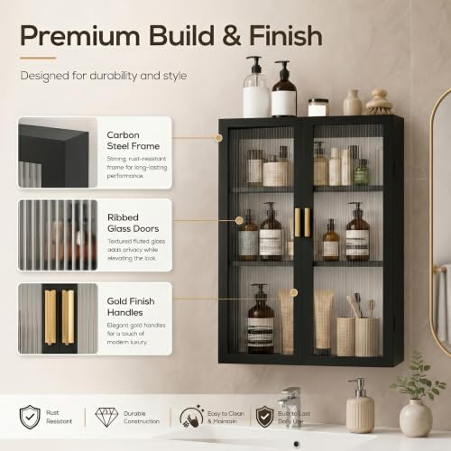Image of Bathroom Storage Cabinet | Bathroom Accessories Set, Washroom Organiser Cabinet | 3 Layer, Space Saving Carbon Steel Shelf, Black, 40 Cm, Pack of 1