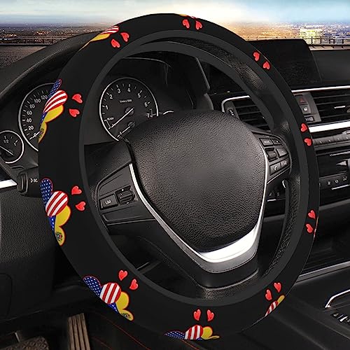 Hearts USA American and Venezuela Flag Steering Wheel Cover for Men Women Anti-Slip Elastic Thickened Steering Wheel Cover Universal Fit 15 Inch