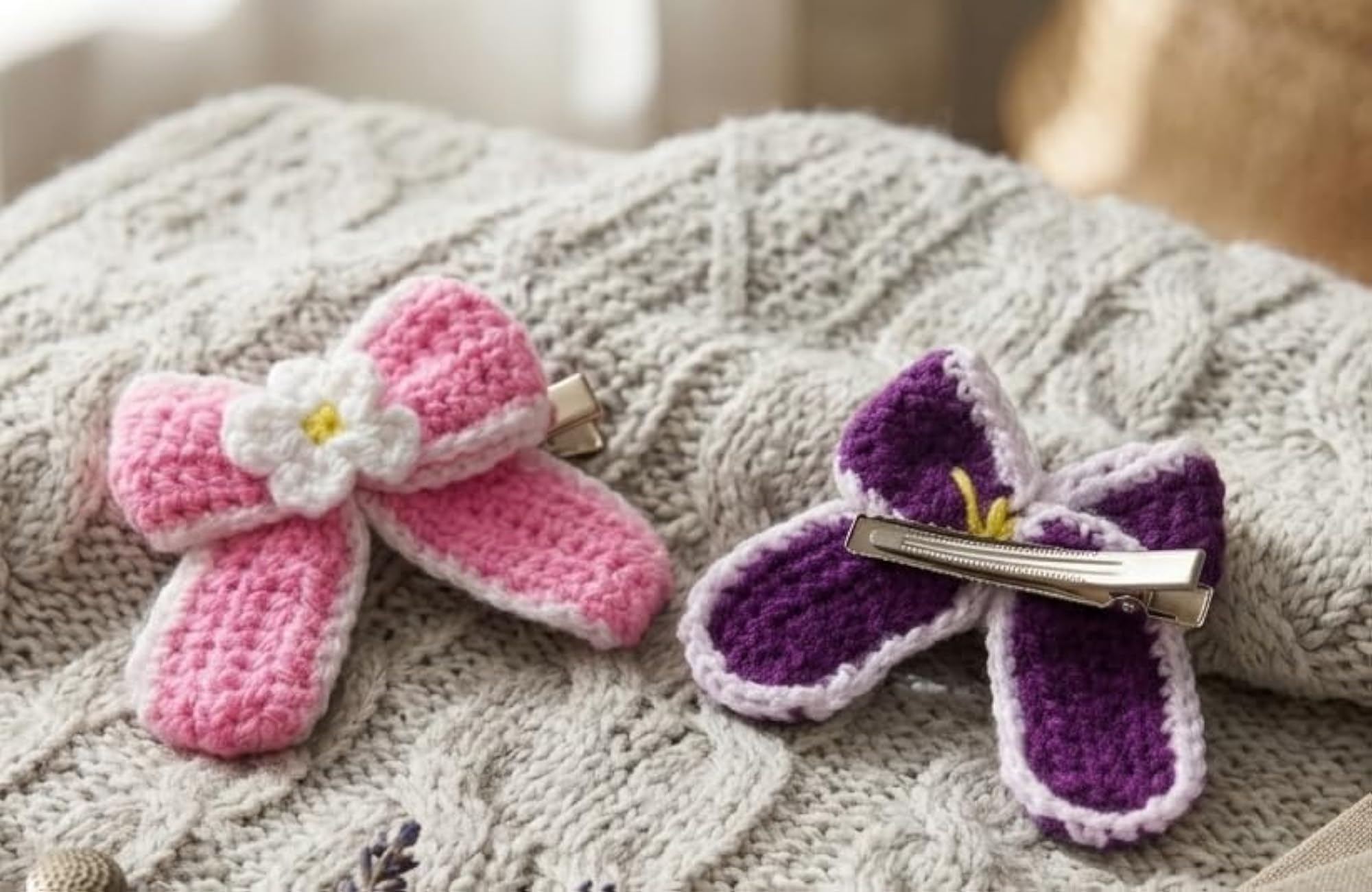 Handmade Crochet Hair Bow Clip Set of 2, Pink & Purple