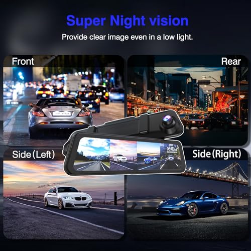 Image of 360 Degree View 4 Channel Mirror Dash Cam Detached Camera for Cars，Dash Cam Front and Rear Side(Left,Right),12'' Rear View Mirror Camera1080Px4,WiFi,Night Vision,GPS,Parking Monitor,Free 128GB Card