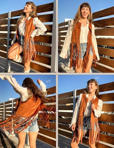 HOTOUCH Fringe Tops for Women Western Shirts Hippie Vest 70s Disco Cowboy Outfit Cowgirl Top Long Vest Jacket Faux Leather Cowgirl Shirts Brown S3
