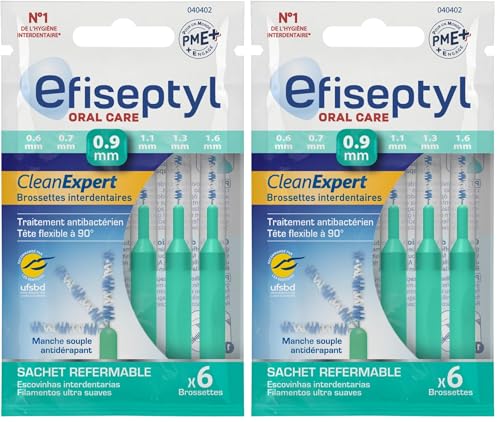 Efiseptyl - Brossettes Interdentaires Clean Expert 0,9mm - Sachet Refermable - Avec Traitement Antibactérien - Sachet de 6 Brossettes (Lot de 2)
