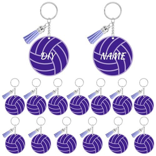 15 Pcs Volleyball Acrylic Keychain Gifts Bulk with Tassel DIY Sports Charms Luggage Bag Tag Travel Suitcases Labels Sports Backpack Tags Purse Bag Accessories for Team Party Players(Purple)