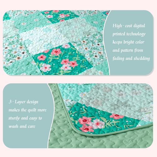 Whale Flotilla Reversible Patchwork Quilts Full Queen Size, Lightweight Boho Printed Bedspreads Coverlets Quilt Bedding Set with 2 Pillow Shams for All Seasons, Light Green