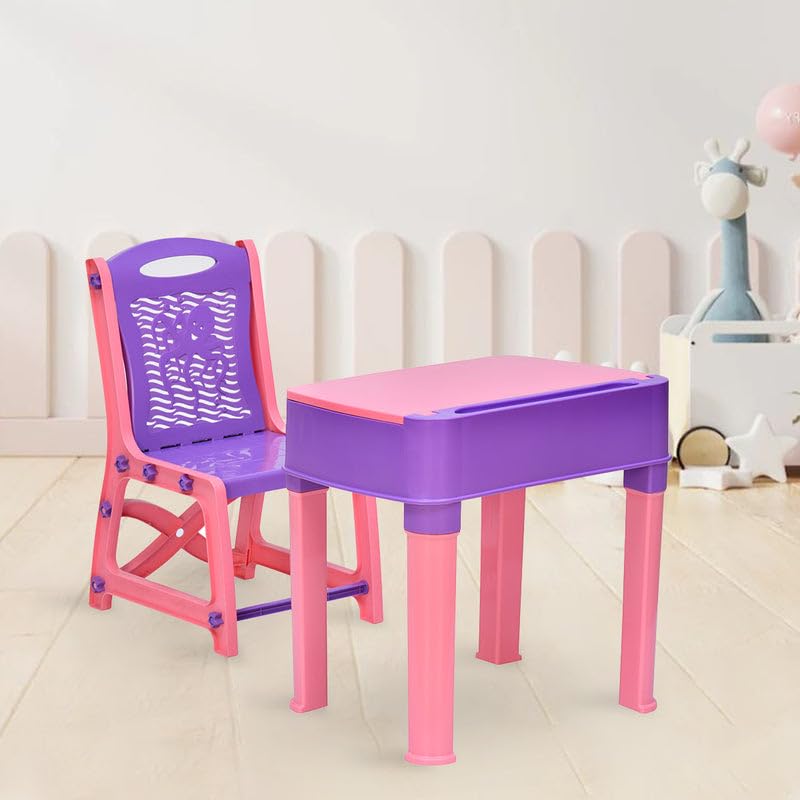 Nilkamal Plastic Apple Junior Study Table and Chair Set with Storage for Stationary | Suitable for 3 to 12 Years Age | Vibrant Pink and Violet Colour, 380 Mm, 510 Mm