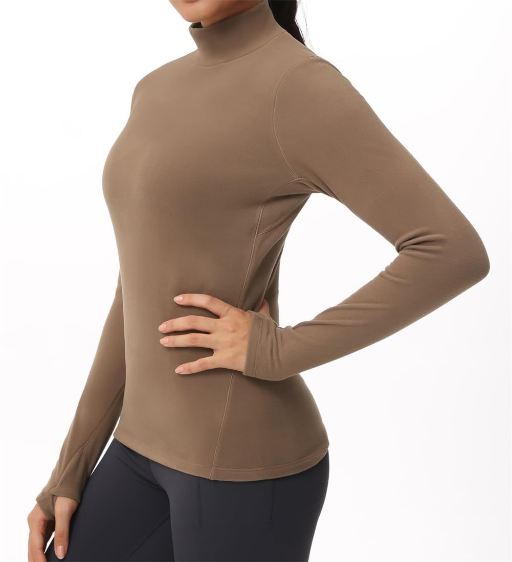 Camicie termiche da donna a maniche lunghe con collo alto, in pile, a maniche lunghe, girocollo, Marrone, M