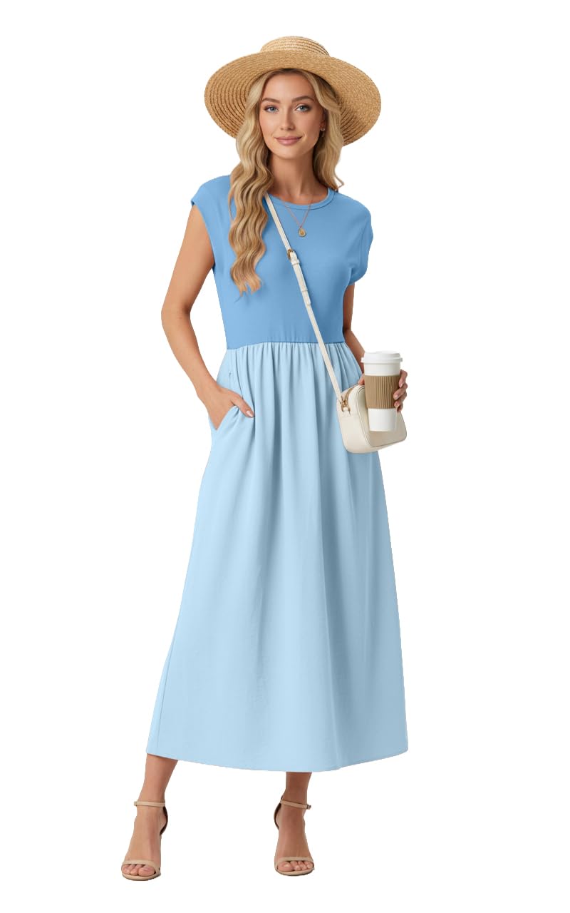 GRECERELLE Letnie sukienki dla kobiet UK Cap Sleeve damskie sukienki maxi elegancka sukienka midi o linii A Casual długie sukienki z kieszeniami na święta i do noszenia na co dzień