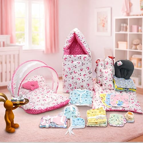 Image of Infantbond Baby All Season Use Hospital Essential Combo for New Born | Gift Pack | Baby Products | Maternity Essentials | Bedding Set (60 Items)(0-6 Months) (Pink Moon 59)(Colours May Vary)