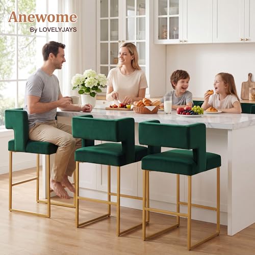 Image of Counter Height Bar Stools Set of 2, Green Velvet Bar Chair Gold Leg | 26 inch Seat Height Fits Standard Kitchen Islands, Upholstered Barstools, Back Support, Square Metal Legs, Footrest