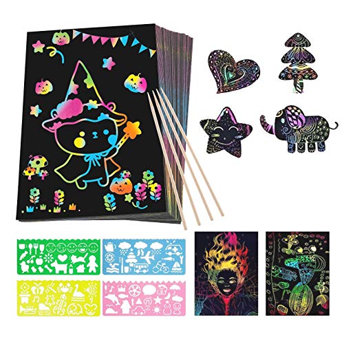 WolinTek Scratch Art Paper,50 Hojas Obras De Arte De Raspado De Arco Iris,Dibujo Scratch Láminas para Rascar Creativas Papel para Dibujar Incluye 4 Reglas De Dibujo y 5 lápices de Madera