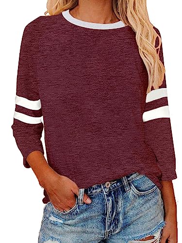 Womens 3/4 Sleeve Fashion Crewneck Tops Patchwork Blouse Casual Loose Comfy Shirt