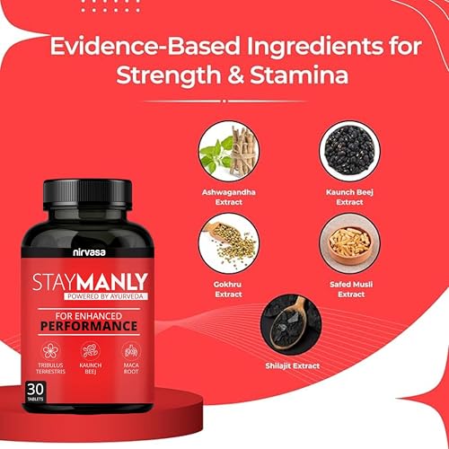 Image of Nirvasa StayManly Tablets (30 Tabs) | Ayurvedic Strength, Stamina & Performance Booster | Boosts Energy, Endurance & Vitality | Tribulus Terrestris, Ashwagandha, Safed Musli & Shilajit- Pack of 1