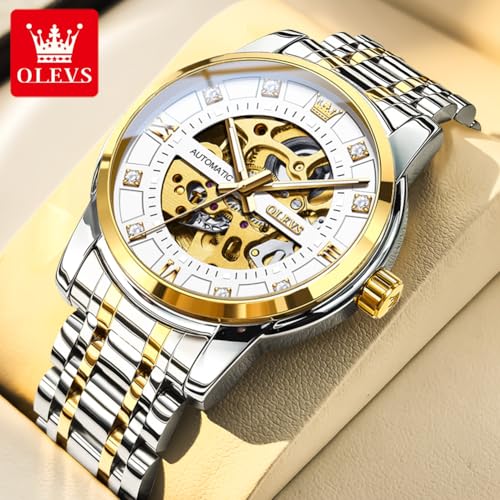 Image of OLEVS Mens Automatic Watch Skeleton Diamond Luxury Mechanical Self Winding Dress Wrist Watch Waterproof Luminous